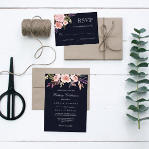 Inbjudan till Watercolor Peonies Navy Rosa Wedding