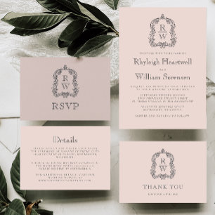 Monogram Vapensköld  Rosa Bröllop OSA Kort