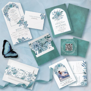 Teal och aqua blåa blommor och Arch bröllop Inbjudningar