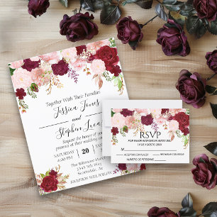 Burgundy rosablommande RSVP bröllop akvarell OSA Kort