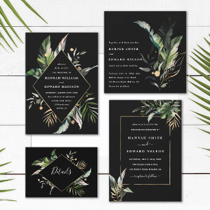 Vild Tropical Foliage Black Bröllop Square Inbjudningar