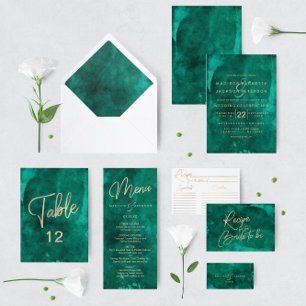Emerald Grönt Watercolor & Guld Wedding Reception Inbjudningar