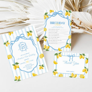 Flickor Whimsical Blue Bow Lemon Amalfi Birthday Tack Kort