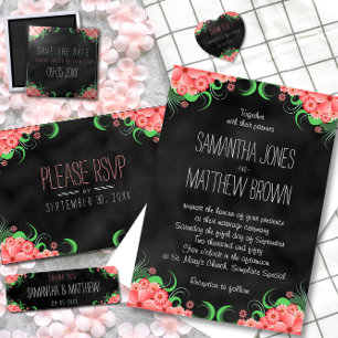 Rosa Blommigt Black Chalkboard Heart Bröllop Stick Hjärtformat Klistermärke