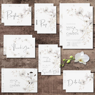 Delikat Modern White Grått och Guld Blommigt Bröll Inbjudningar