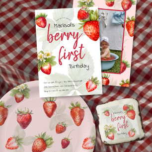 Berry First Watercolor jordberry 1:a födelsedag Inbjudningar