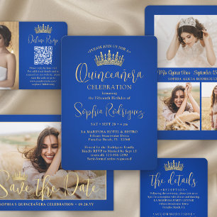 Elegant Quinceañera 3 Photo Royal Blue Guld Inbjudningar