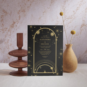 Mystical Black Guld Celestial Stars Bröllop Tack Kort