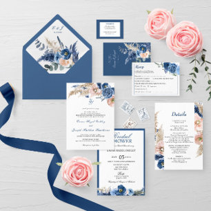 Boho pastel blue &  chic blommigt Bröllop Inbjudningar