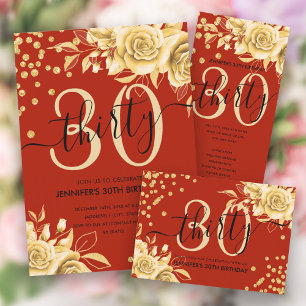 Glam Guld Red Blommigt Glitter 30års födelsedag Inbjudningar