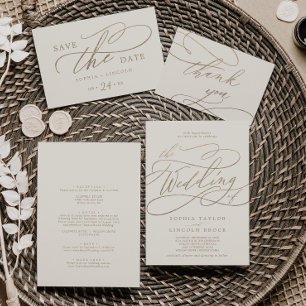 Romantic Guld Calligraphy Ivory all in One Bröllop Inbjudningar