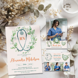 Boho Grönt Photo Watercolor Nursing School Gradua Tack Kort