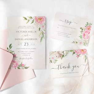 Rosa Watercolor Blommigt Peonies Elegant bröllop Inbjudningar