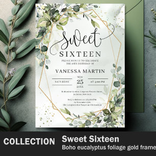 Boho grönska blad guld geometrisk sweet sixteen inbjudningar