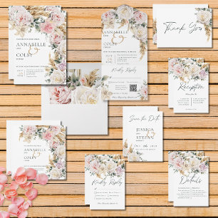 Boho Pampas & Rosa ros White Bröllop Tack Kort