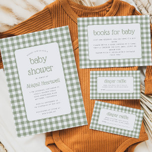 Sagegrön Gingham-rutig Baby Shower-inbjudan Inbjudningar