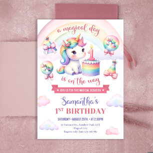 Mystical Pastel Unicorn Girl 1st Birthday Party Tack Kort