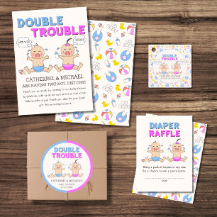 Dubbla Trouble Twin Boy & Girl Baby Shower Runt Klistermärke