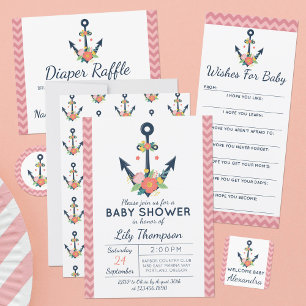 Sjöankare Blommig Babyflicka Shower Inbjudan