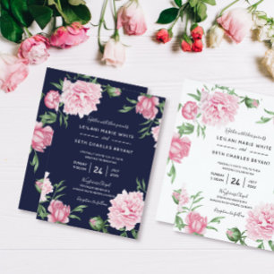 Blommigt Rosa Peony med vit bakgrund Bröllop Inbjudningar