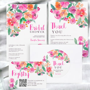 Ljust varmrödrosa höstblommig script bröllopsdusch tack kort