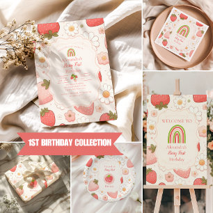 Girl Strawberry Berry First 1 Birthday Party Inbjudningar