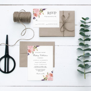 Vattentärsfärgade peonies Lila Rosa bröllopsinbjud Inbjudningar