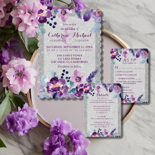Lila Watercolor Blommigt & Silver Glitter Bröllop OSA Kort