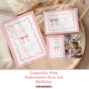 Coquette Rosa Watercolor Bow 1:a födelsedagen Tack Kort