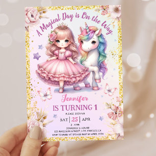 Flickor Princess Unicorn 1:a födelsedag Rosa Guld Inbjudningar