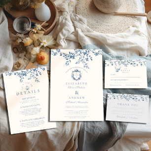 Elegant Fransk Vintage Blue Blommigt Bröllop Tack Kort