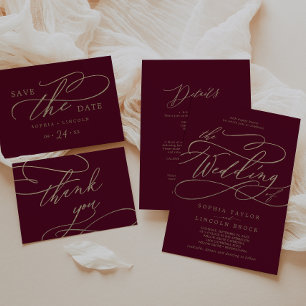 Romantisk Burgundy Calligraphy Front & Back Bröllo Inbjudningar
