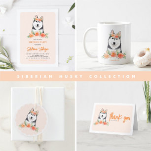 Cute Siberian husky och Peach Flowers Birthday Pappersservett