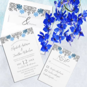 Silver Blue Snöflingor Winter Wedding OSA Kort