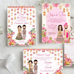 Lotus lanterns Indian bröllop mehndi sangeet Inbjudningar