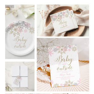 Snowflake Rosa och Guld Glitter Winter Baby Shower Inbjudningar