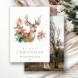 Watercolor Reindeer Poinsettia jul Foliage Helg Vykort