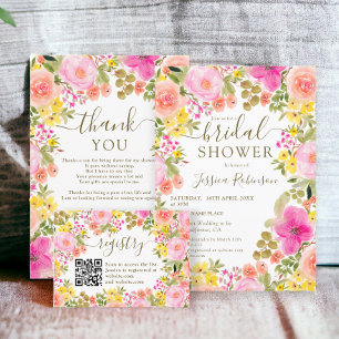Boho vilda blommor trädgård rosa bröllopsdusch tack kort