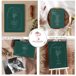 Line Art Arch Bouquet Emerald Bröllop Inbjudningar