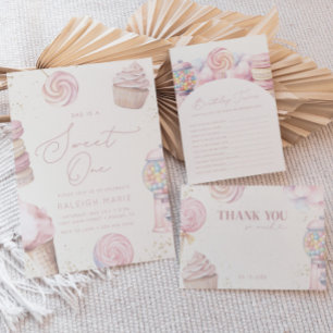 Flickors Rosa Sweet One Candy 1st Birthday Trivia Anteckningskort