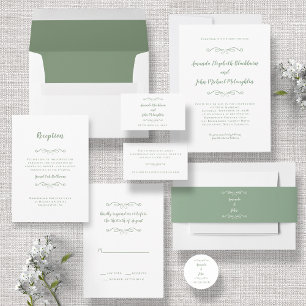 Elegant Script Classic Bröllop Sage Grönt White In Inbjudningar