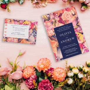Modern Navy Coral Watercolor Blommigt Bröllop Inbjudningar