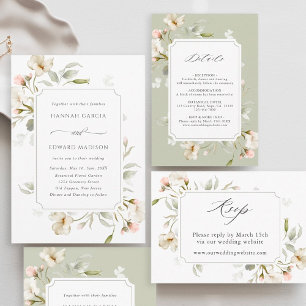 Sage White  Elegant Blommigt Bröllop Inbjudningar