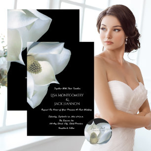 Elegant Magnolia Svart och Vit Bröllop Runt Klistermärke