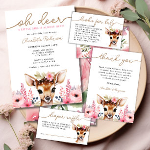 Woodland Hjort Rosa Guld Blommigt  Girl Baby Showe Inbjudningar
