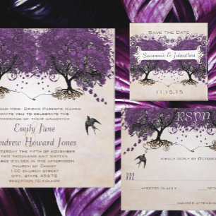 Violet Vintage Birds Oak Träd Rulla Bröllop Inbjudningar