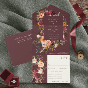 Marsala Burgundy Peach Watercolor Blommigt Inbjudningar