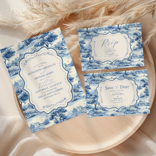 Blue Chinoiserie Porcelain Botanical Peony Bröllop OSA Kort