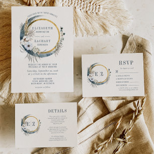 Boho Blue Måne Blommigt Wandan Bröllop Inbjudningar