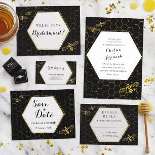 Oh honey Bee Black Guld Personligt bröllp Inbjudningar